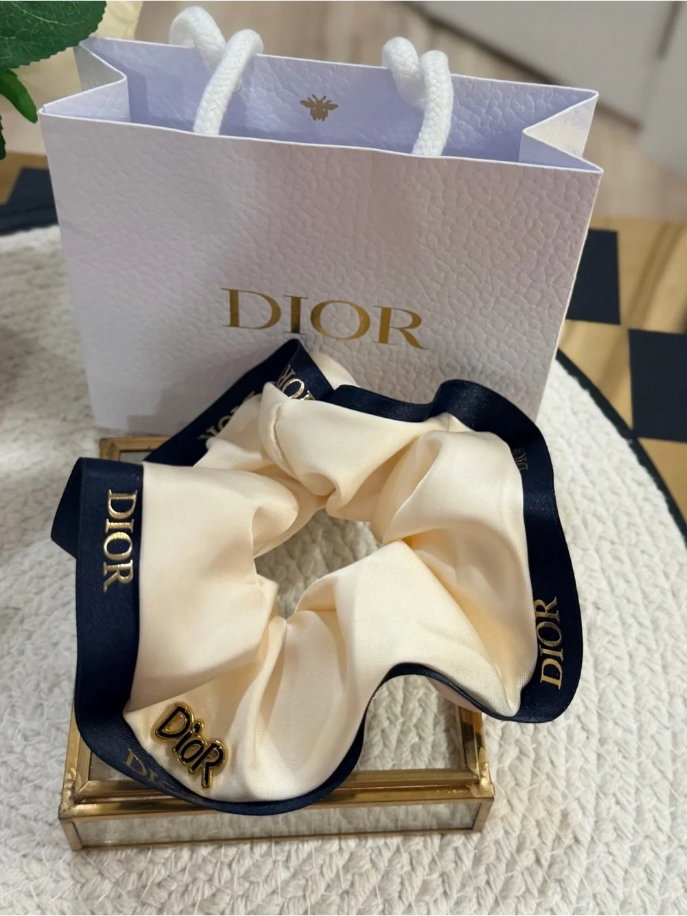 Cream Satin Beaute Scrunchie Navy Logo Hair Tie | NEW